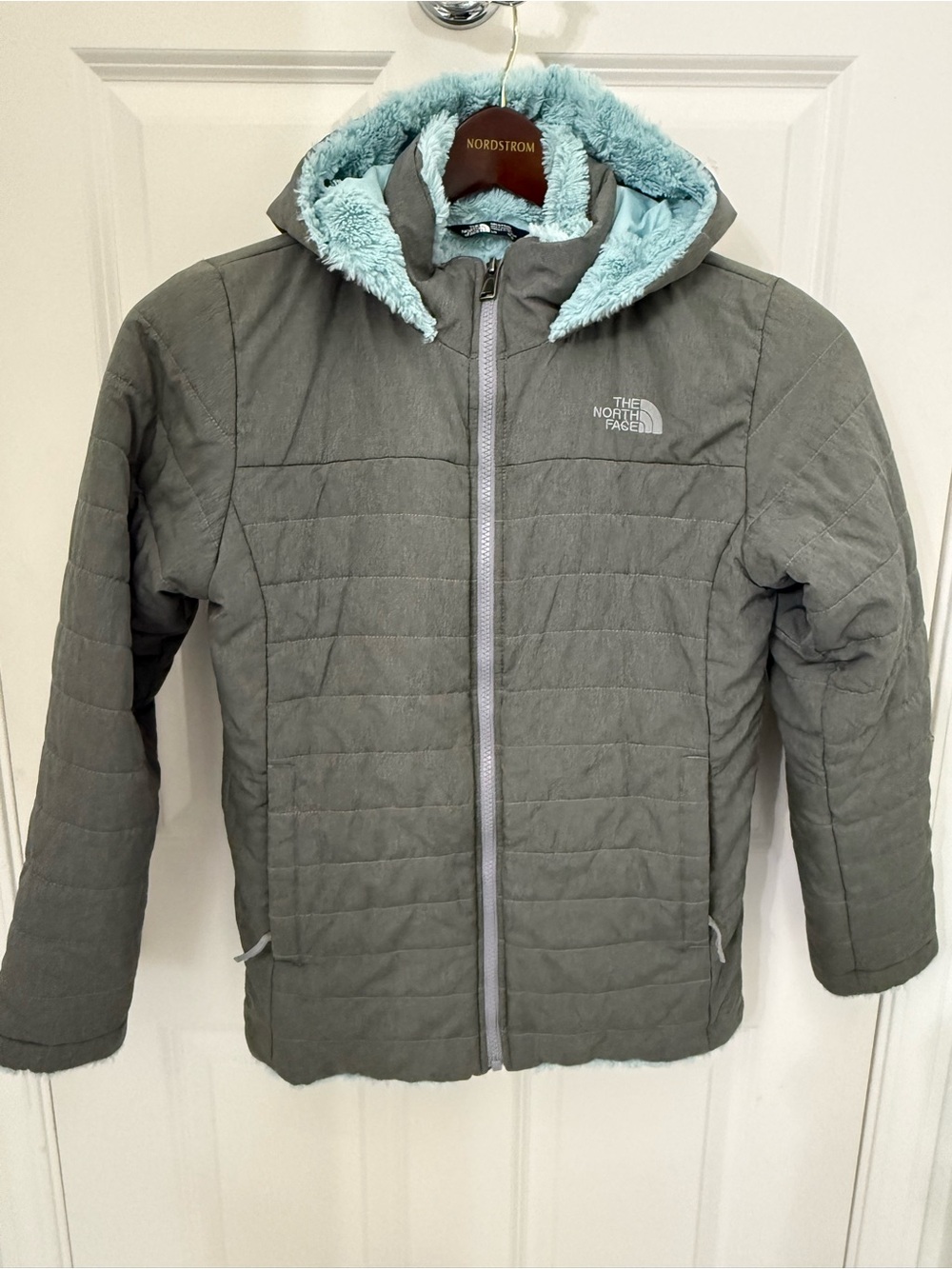 Columbia Gray Puffer Jacket with Light Blue Sherpa Hood
